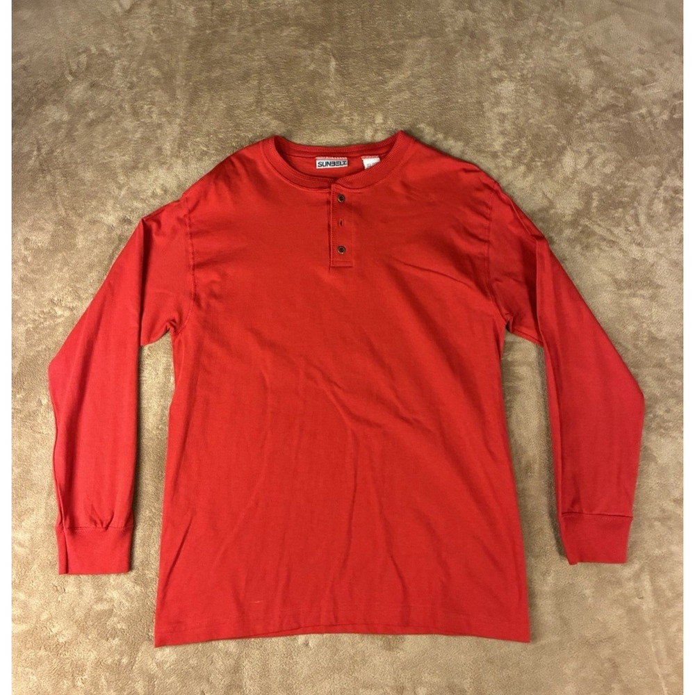 VTG 90s Sunbelt Mens T-Shirt Red Henley Long Sleeve Knit 100% Cotton Size M USA